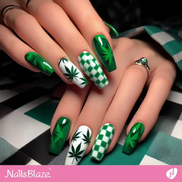 Checkered Design Weed Leaf Nails | Nature-inspired Nails - NB2139